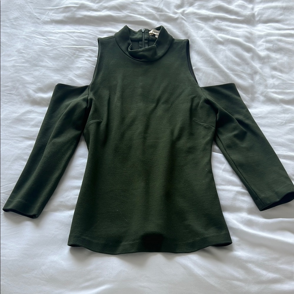 L'AGENCE Green 3/4 Sleeve Cut Out Bodysuit with Mandarin Collar
